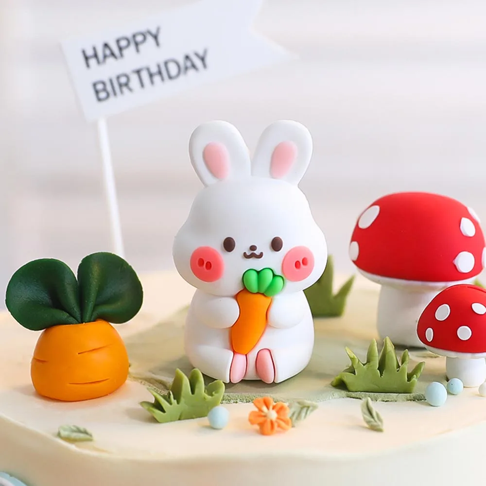 Bunny Cake Topper Rabbit Cake Decorations Miniature Figure Rabbit Carrot Cake Decorations Happy Bunny Birthday Party Supplies