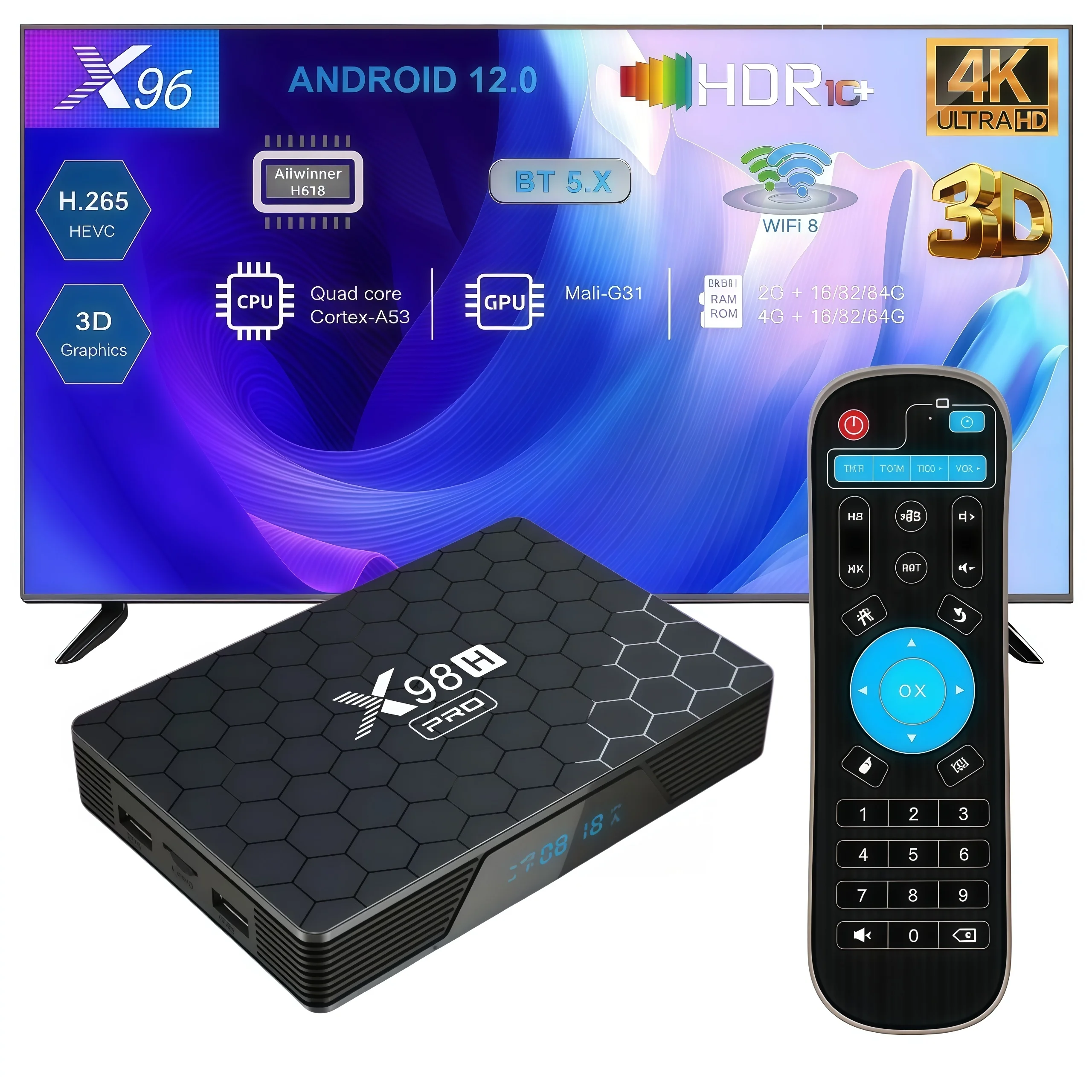 TV Box X98H Pro Android 12 Allwinner H618 Wi-Fi 6 4GB RAM 64GB Almacenamiento 6K H.265 HDR10+ Bluetooth 5.0 Reproductor Multimedia Set-Top Box