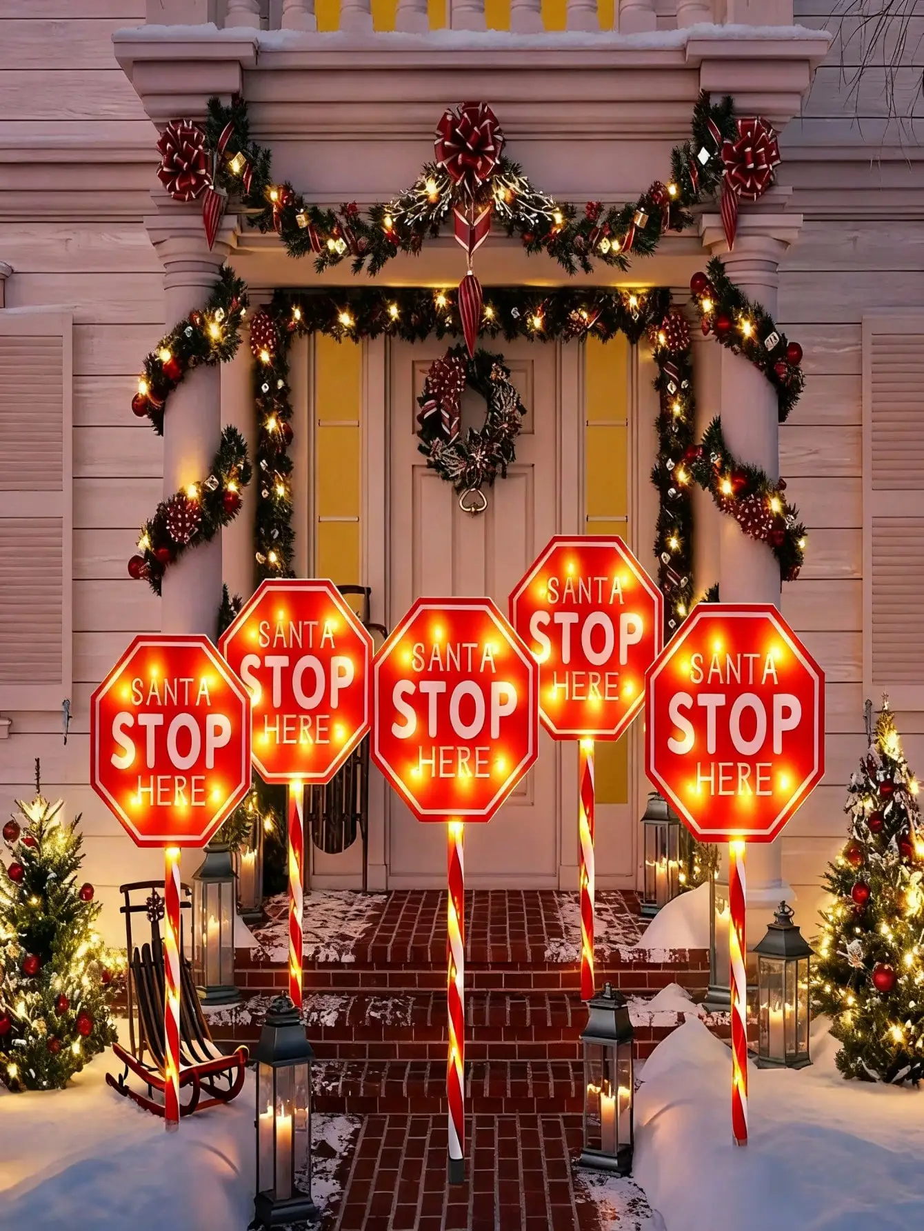 5pcs Solar-Powered Christmas Rest Sign - Waterproof 5-In-1 LED Decor w/Candy Cane Stripes for Yard/Garden, Durable Plastic