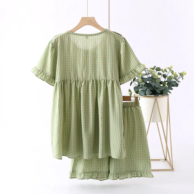 Plaid Print Ladies Female Nightwear Summer New Pajamas Woman Sleepwear Short Set Knitted Cotton 2Pcs Pyjamas Elegant