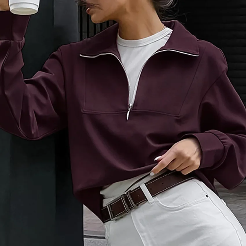 캐주얼 긴 소매 후드티 여성 가을 의류 빈티지 스타일 와인 레드 컬러 스웨트셔츠 여성용 풀오버 하프 지퍼 스트리트웨어