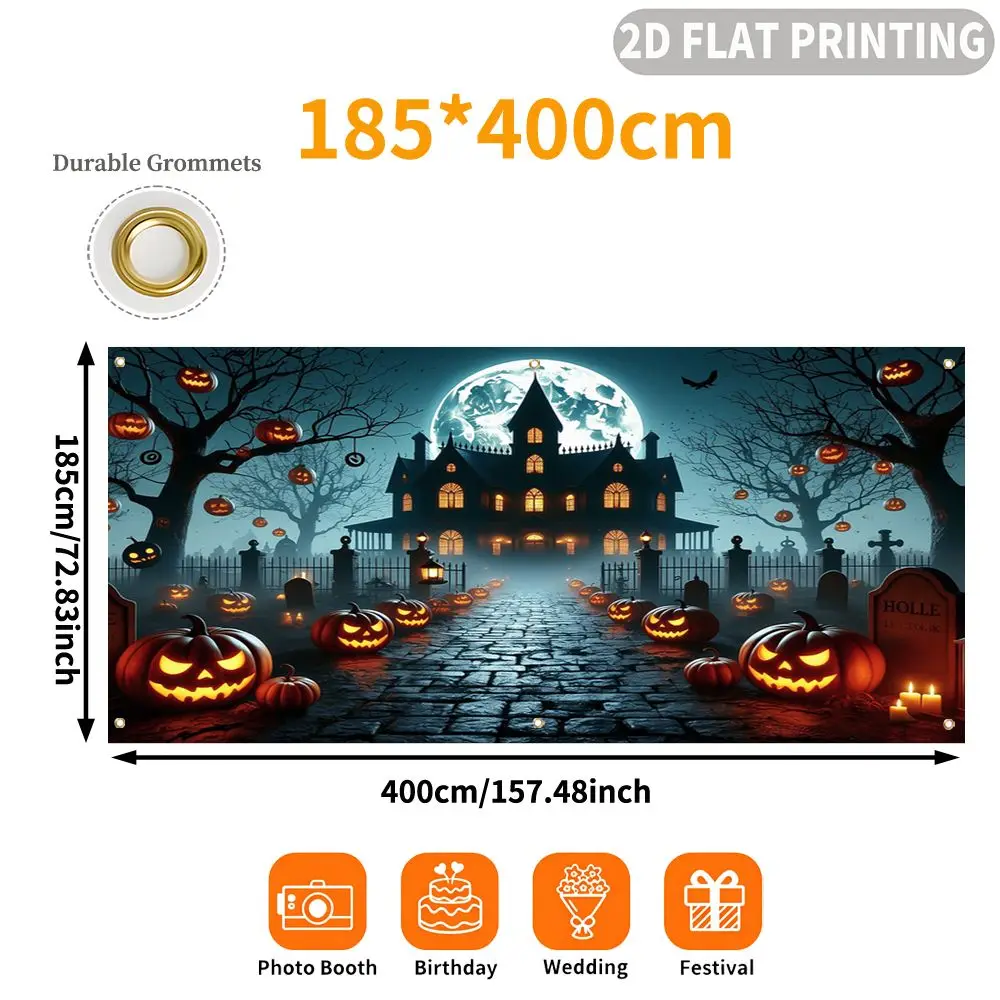 1pc 2D FLAT Halloween Party Garage Banner, Halloween Mansion Moonlit Pumpkin Pathway Scene Pattern, No Power Need, for Garage Do