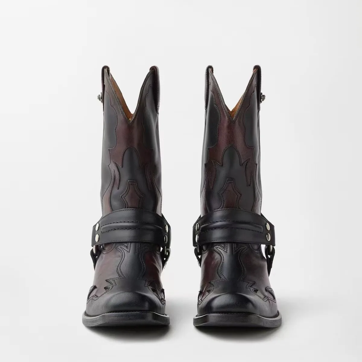 New Autumn/Winter Women's Color Block Cowboy Boots Embroidery Metal Harness Square Toe Block Heel Vintage Western Mid-Calf Boots
