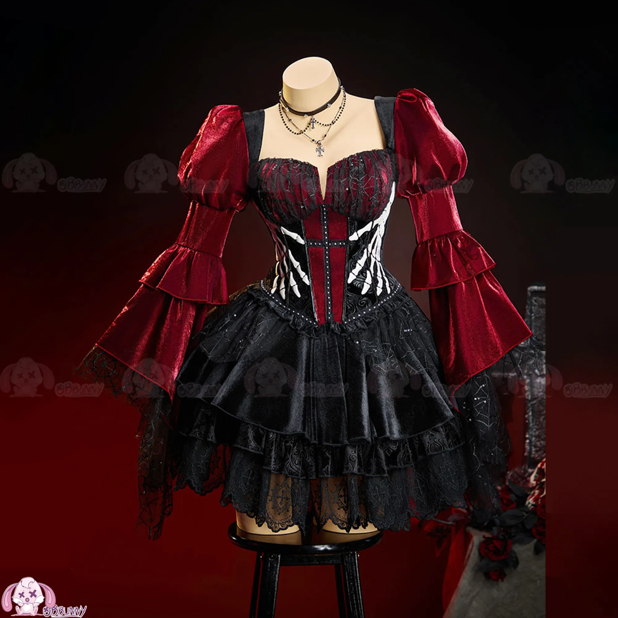 Dark Gothic Lolita Dress with Skeleton Cross Red Black Contrast Puff Sleeve Ruffled Lace Skirt Gothic Alt Girl Cos Party Dress