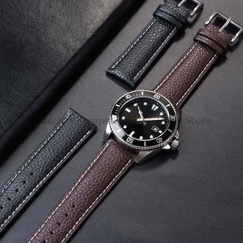 Litchi Pattern Genuine Leather Watch Band 18mm 20mm 22mm for Samsung Galaxy Watch 7/6/5/4 40 44mm Men Women Replacement Straps