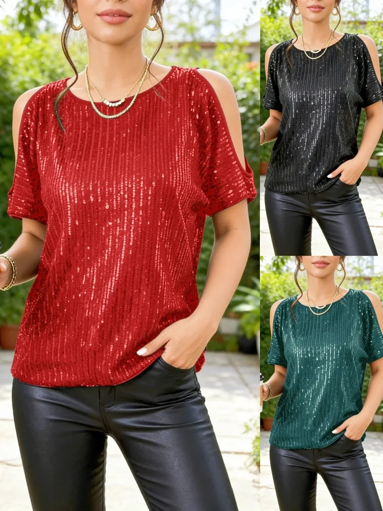 2026 Women's Summer Fashion O-Neck Sequined Short Sleeve Top Stylish Polyester Top Sparkly Club Party Vest Blouses T-shirt