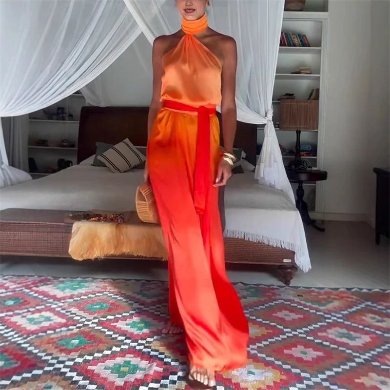 

Women Fashion Gradient Print Banquet Dress Elegant Halter Hollow Lace-up Long Dress New Spring Summer Backless Sexy Maxi Dresses
