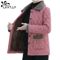 Middle-Aged Elderly Cotton Coat Women Fashion Plaid Plush Warm Parker Jacket Female Korean Loose 5XL Large Size Outerwear 2461