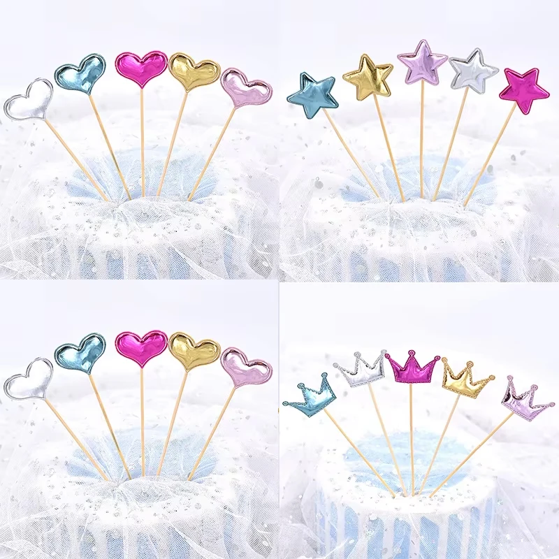 50pcs Cake Topper Crown Heart Star Head Birthday Decoration Fruit Dessert Toothpick  Shower Wedding Party Supplies