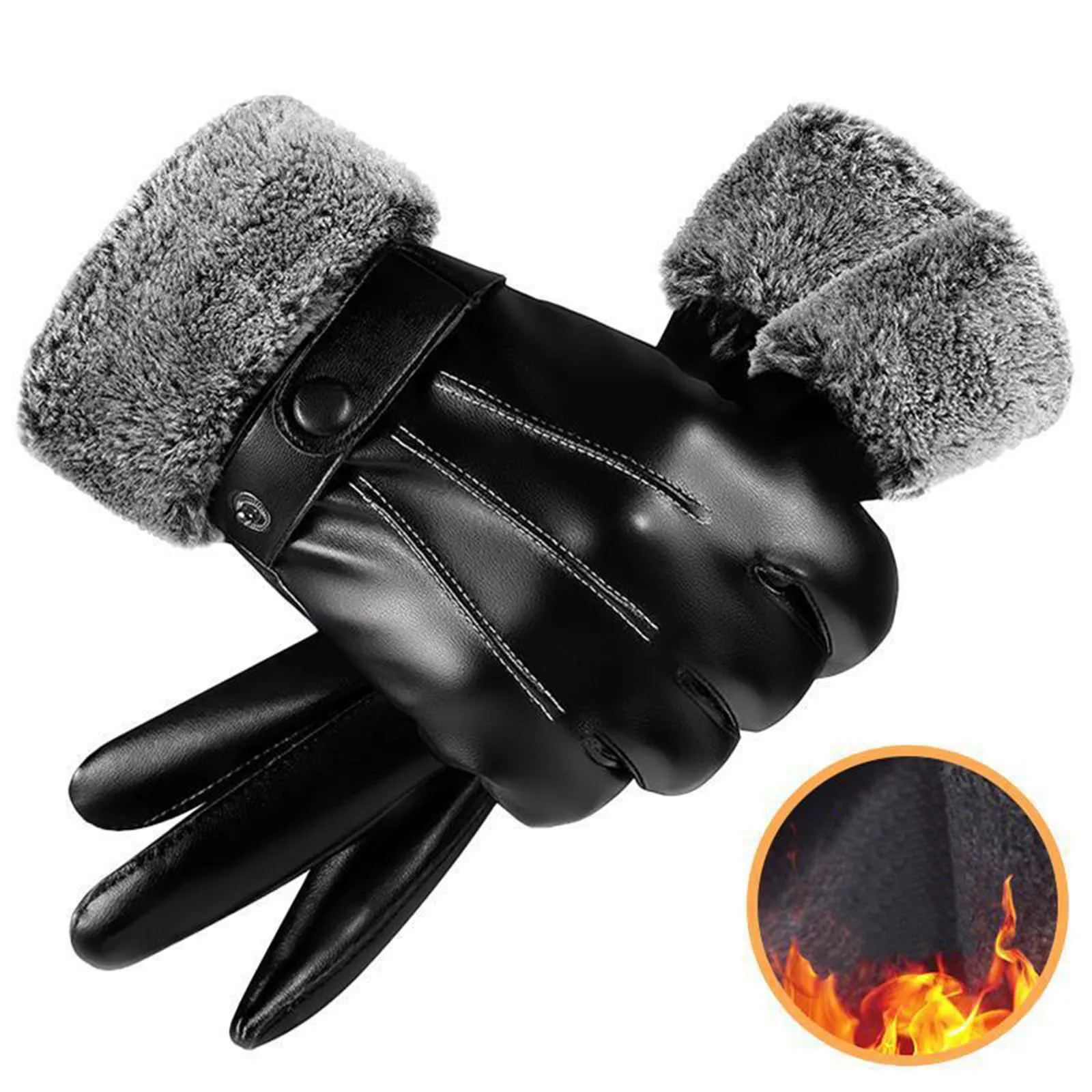 Male Winter Autumn Driving Mittens Waterproof Tactical Glove Fleece Linings Leather Gloves Men\'s PU Leather Cashmere Warm Sports