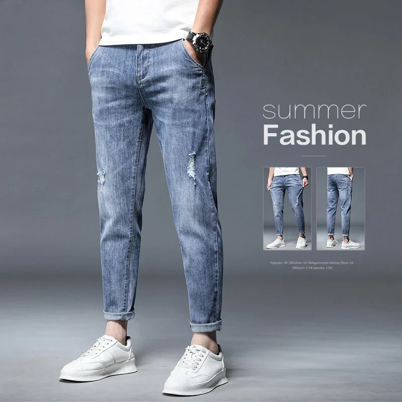 

High Quality Brand Summer Stretch Cotton Hole Men's Ankle Length Jeans Thin Streetwear Design Denim Pants Korea Casual Trousers