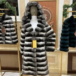 Real Fur Coat With Hood Winter Long Coat Genuine Rex Rabbit Fur Jacket Luxury Best Selling 2024