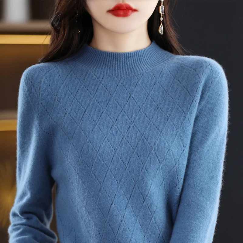 

100% pure wool cashmere sweater women's O-neck pullover hollow diamond knit top autumn and winter women's fashion coat