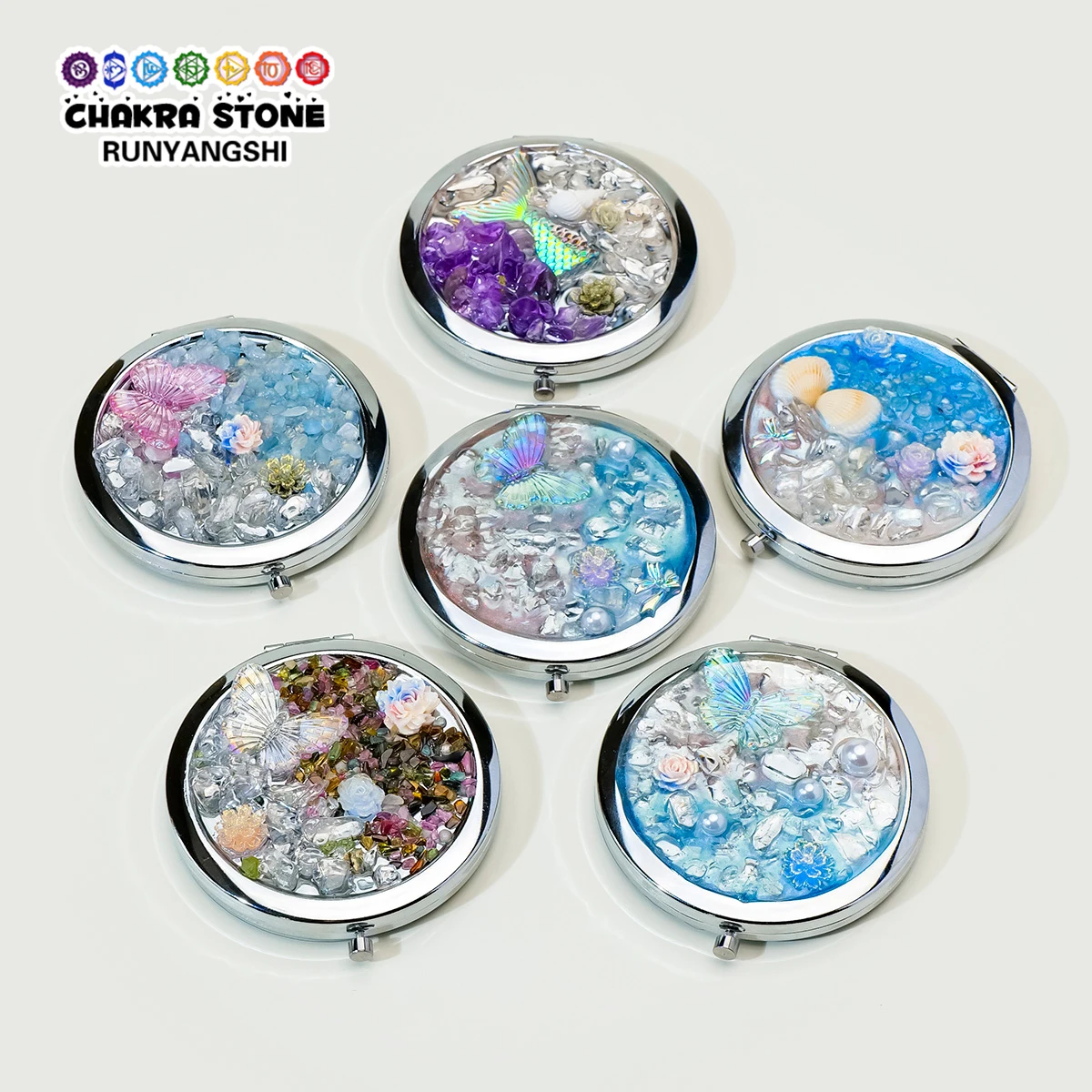 1PC Natural Crystal Makeup Mermaid Mirror, Double-Sided Folding Handheld Touch-Up Pocket Small Round Mirror