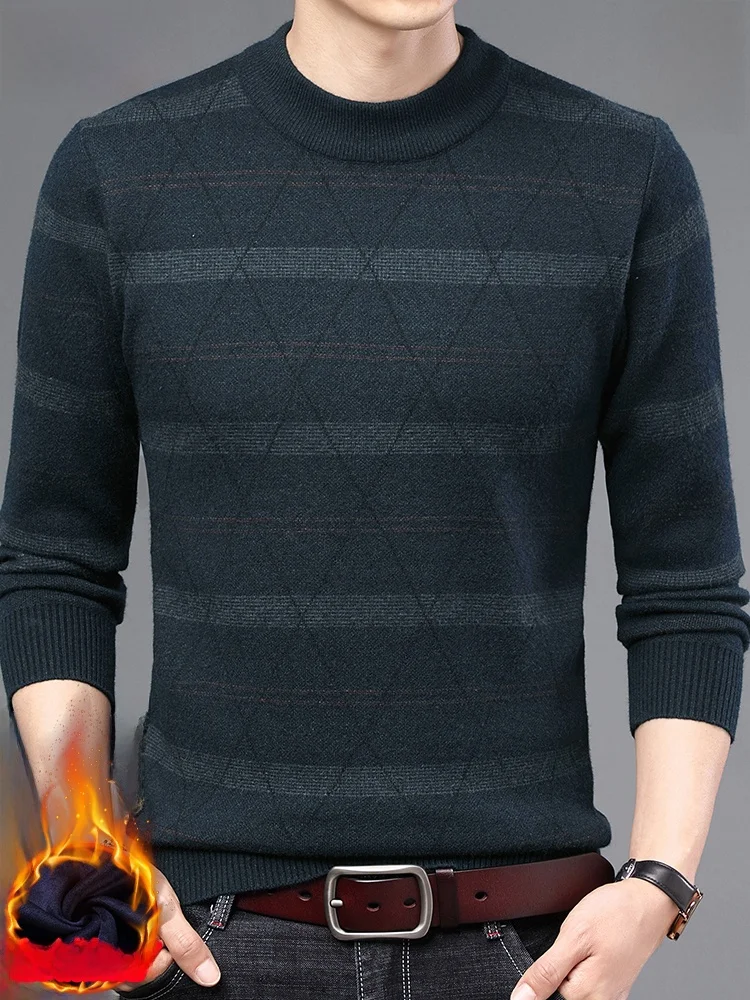 두꺼운 일체형 플리스 니트 스웨터 반 하이 칼라 남성용 가을 겨울 스타일 캐주얼 웨어 따뜻한 플러피 니트웨어