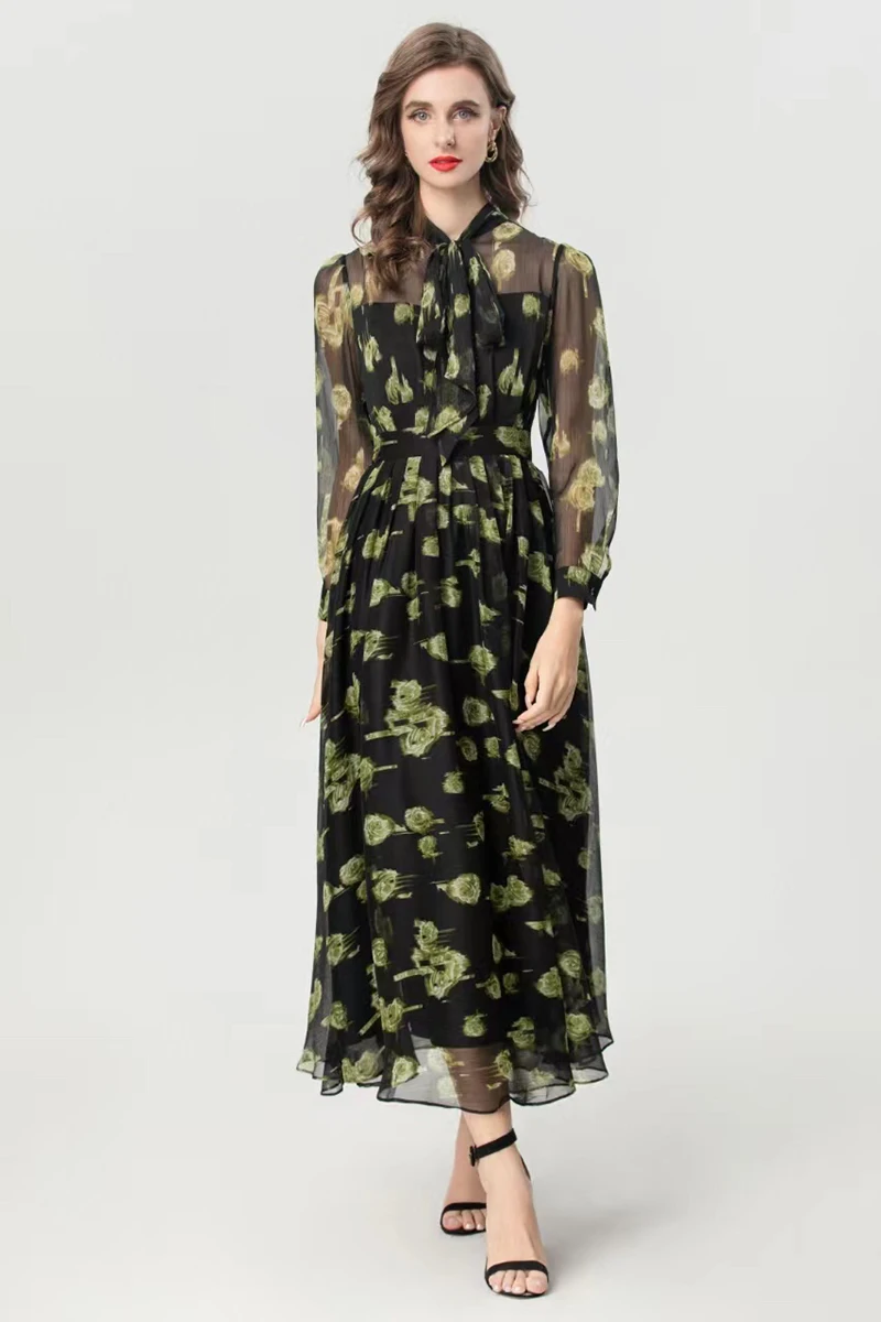 MIUXIMAO 2025 ชุดเดรสฤดูใบไม้ร่วงแฟชั่นชุดเดรสยาวแขนยาวพิมพ์ลายดอกไม้สีเขียวชุดสีดำผู้หญิงเวสติดส์โบว์