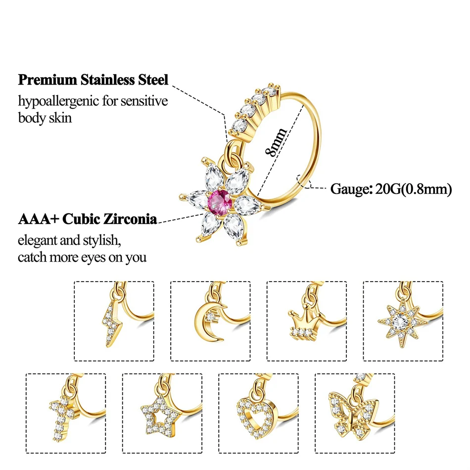 Crystal CZ Septum Hoop Nose Rings Dangle Charms Golden Jewelry Cartilage Piercing Helix Earring Tragus Daith Rook Lobe Earrings view 2