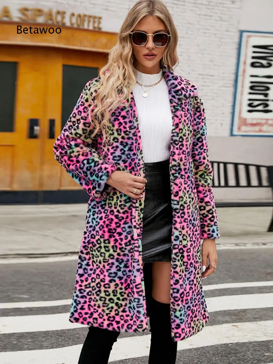 Vibrant Neon Leopard Pattern Fuzzy Fur Long Jacket Notched Collar Loose Fit Warm Faux Fur Maxi Coat for Party Streetwear