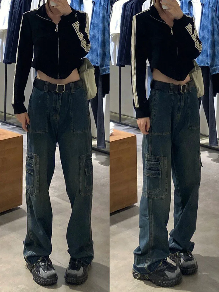

"Women Vintage Jeans High Street Loose Distressed High Waist Casual Fashion Hip Hop Wide Leg Pants Multi - pocket Tooling "