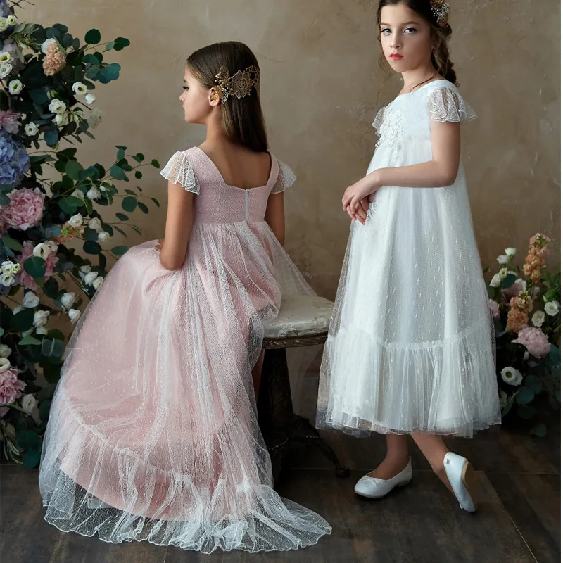 

Girls Lace Pink White Sleeveless Ankle Length Dress Baby Kids Elegant Princess Party First Communion Graduation Banquet