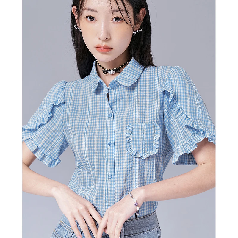 Toyouth Women Shirts 2023 Summer Puff Short Sleeves Polo Neck Fit Well Blouse Jacquard Lace Blue Cute Chic Streetwear Tops