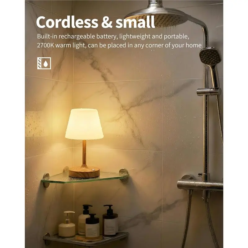 ABGG-Wood-Grain Cordless LED Small Table Lamp, Portable Rechargeable Waterproof Shower Light, Touch Dimming Night Light