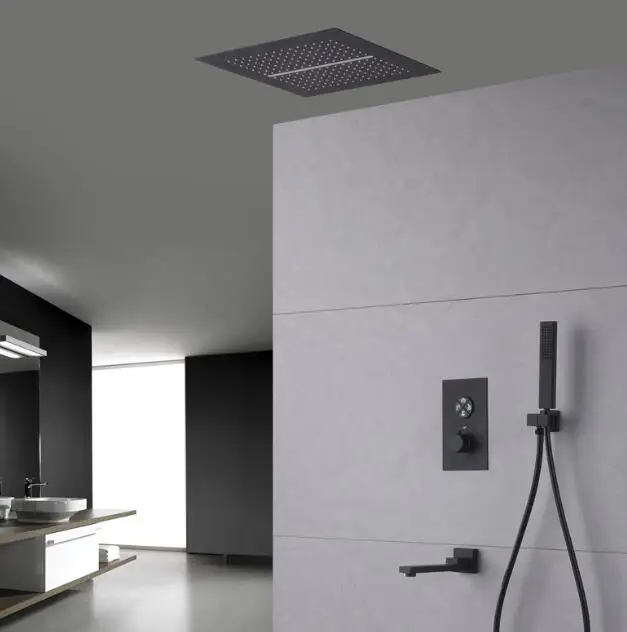 400*400 mm Square Shape Black Concealed Ceiling Mounted Rainfall Shower System with 4 Ways Waterfall Rainfall Shower Faucet Set