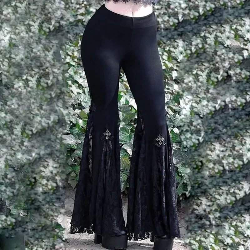 WOWOOTD Goth Mall Flare Pants Sexy Black Lace Patchwork High Waist Vintage Harajuku Hippie Punk Grunge Streetwear Y2k Pants