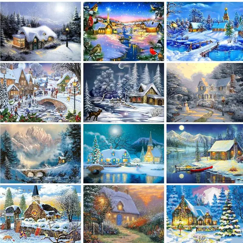 

GATYZTORY 40x50cm Painting By Numbers Winter Landscape For Adults Kids DIY Gift Artwork Snow House Handicrafts Home Decors