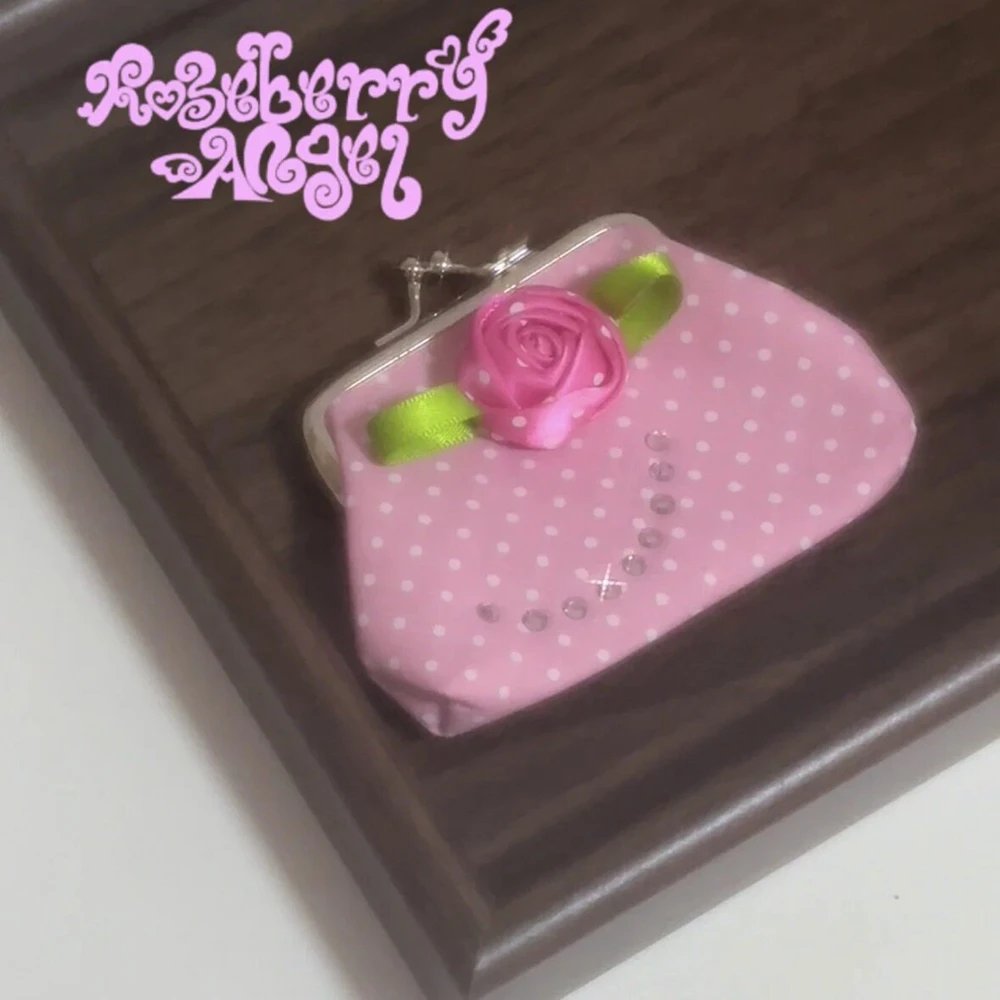 Vintage Pink Polka Dot Rose Storage Bag Wallet Ins Handmade Pendant Lipstick Earphone Storage Decorative Y2K Accessories Gift