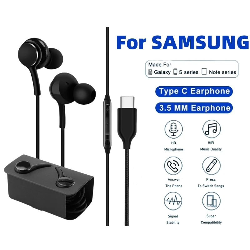 Original Type C Wired Earphone For Samsung Galaxy S23 S21 S22 Ultra Plus 3.5 mm Earbuds Headphones A54 A34 A53 A53 Accessories