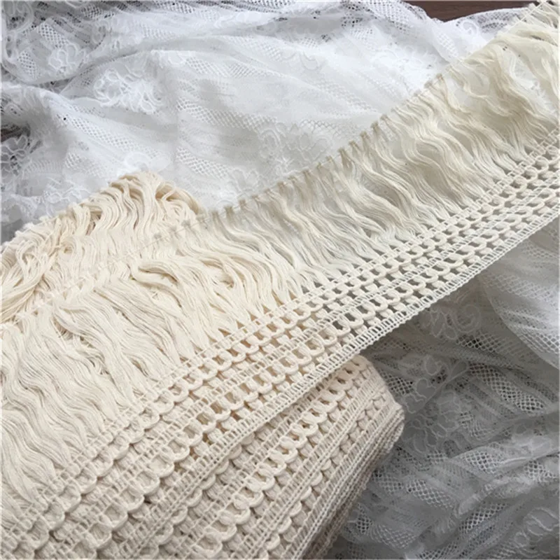 13.5CM Wide Beige Cotton Tassel Embroidered Fabric Lace Edge Trim Fringed Ribbon Dress Garment Curtains DIY Sewing Decor