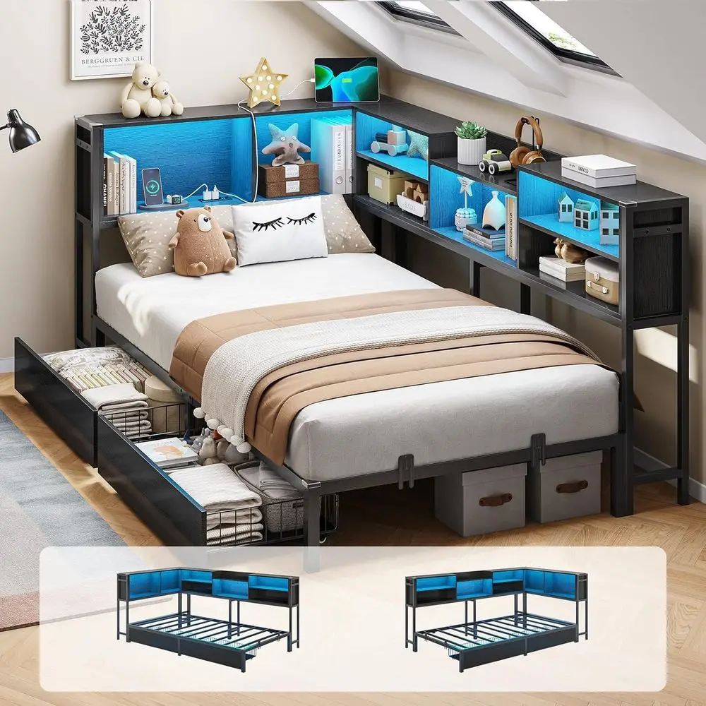 DICTAC Twin XL Bed e with Bookcase Storage and Led Lights Metal Platorm Bed e with 2 Ders & Charging Station Twin XL Daybed or K