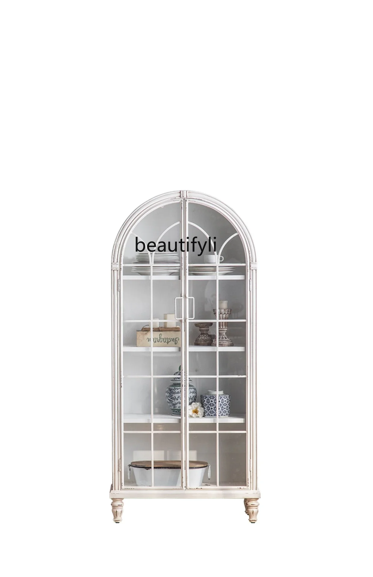 French Arch Bookcase with Glass Cabinet Door White Solid Wood Vintage Bookshelf Wall Living Room Storage Display Cabinet Floor