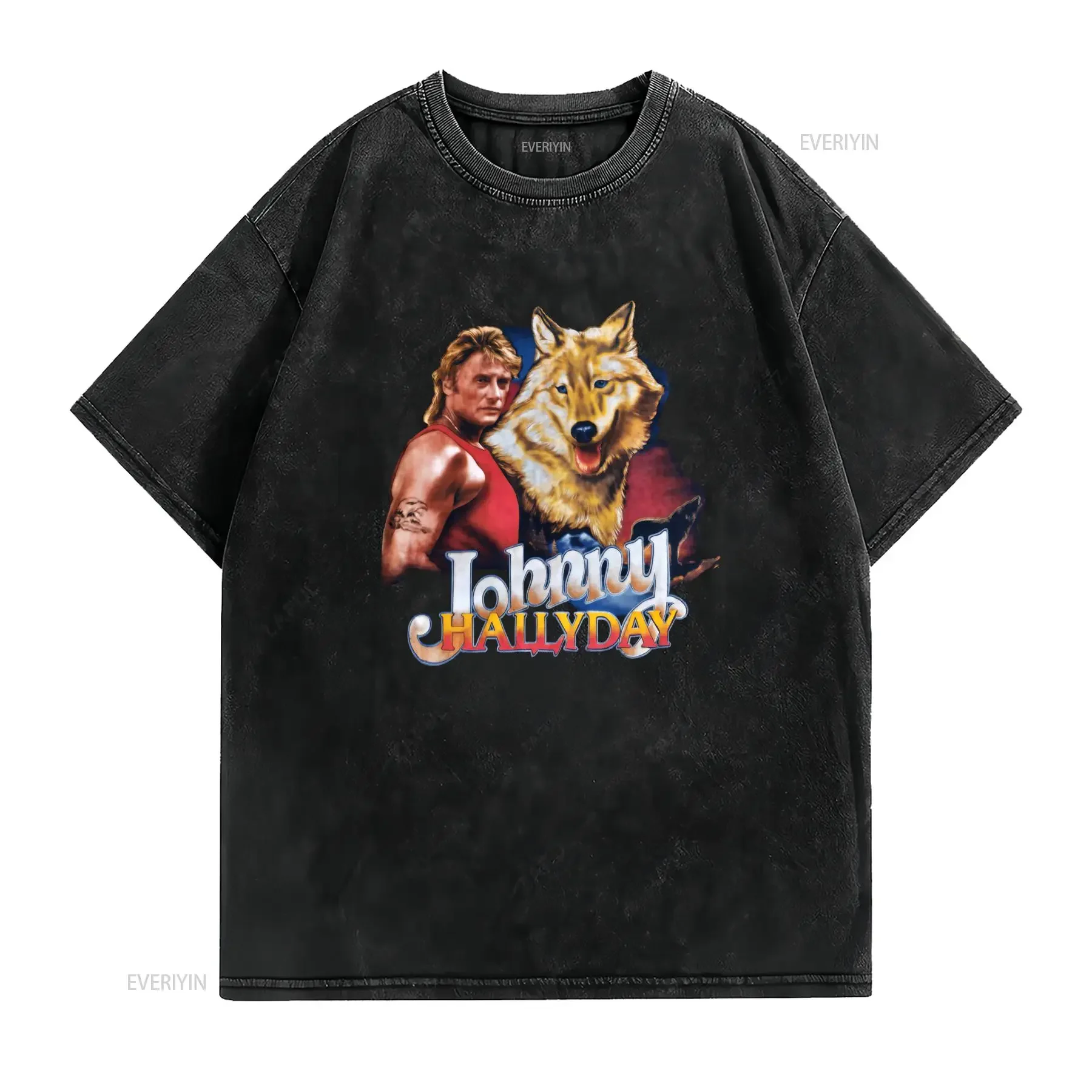 T shirt vintage pour homme années 1990 Johny Hallyday rock rétro avec motif géométrique de tigre coupe droite col ras du