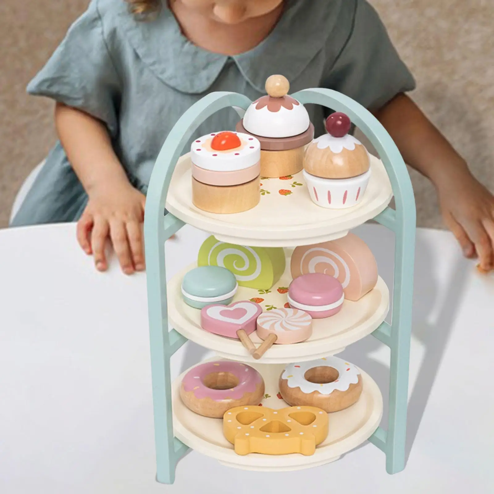 Wooden Dessert Cake Play Set Toys Interactive Game Role Play Dessert Afternoon Tea Party for Kids Girls 3 Years Old + Great Gift