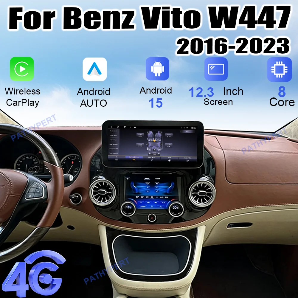 

12.3-дюймовое автомобильное радио Android 15 с Carplay для Mercedes-Benz Vito W447 2016-2023, чип Qualcomm 450, беспроводная зарядка + ЖК-панель управления климат-контролем, DSP, FM