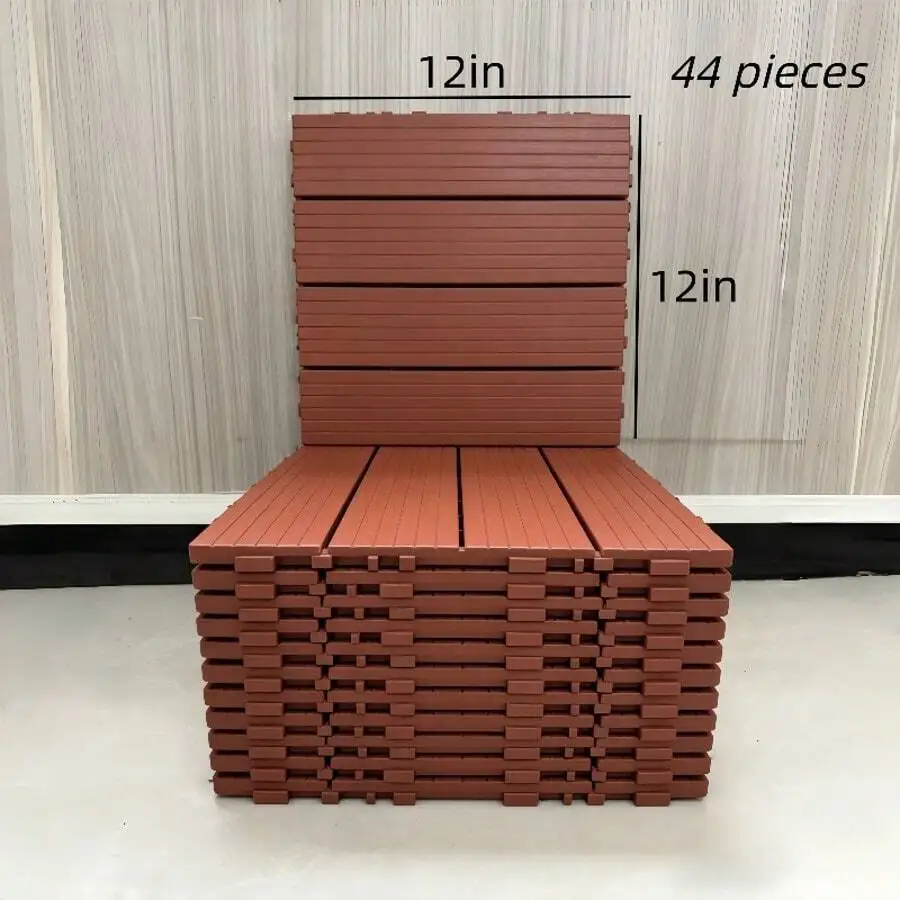 44 Pack (44 Sq.Ft) 12x12 Inch Brick Red PP Deck Tiles, Durable Interlocking Plastic Patio Flooring, All-Weather Anti-Slip Outdoo