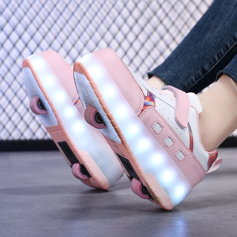 เด็ก 2 ล้อ Roller Skate รองเท้าแนวโน้มรองเท้าเด็กผู้หญิงพร้อมไฟ LED Retractable เด็ก Dual-Purpose รองเท้าผ้าใบลําลอง