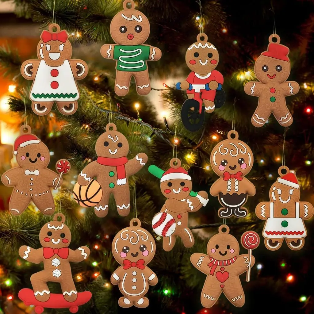 12 Stück Lebkuchenmann-Ornamente für den Weihnachtsbaum, verschiedene Lebkuchenfiguren-Ornamente, Weihnachtsbaum-Hängedekorationen – Detail 8