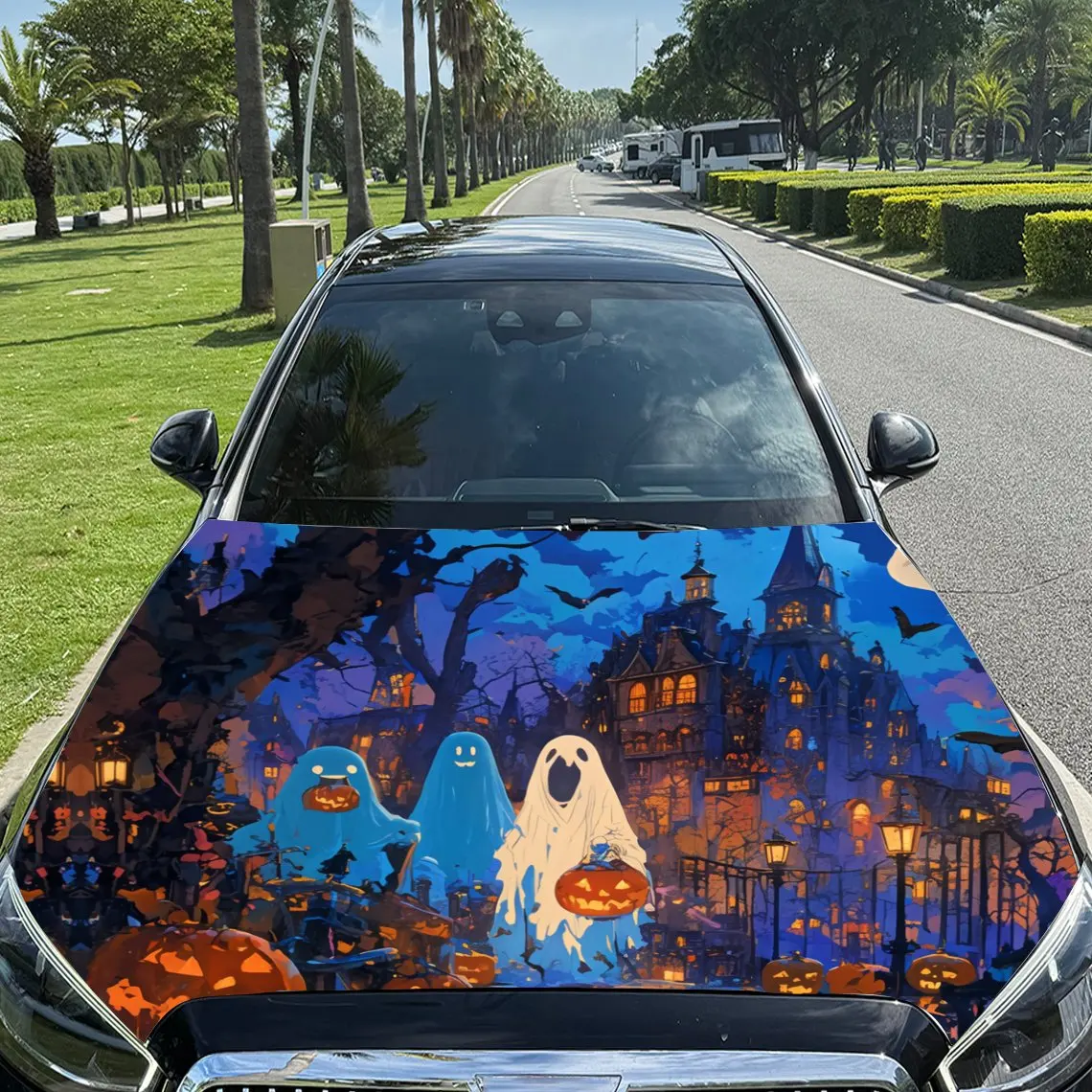 

Halloween Ghosts & Haunted Castle Car Vinyl Wrap, PVC Material Waterproof Car Hood Sticker, Self-Adhesive Scratch-Resistant Stic