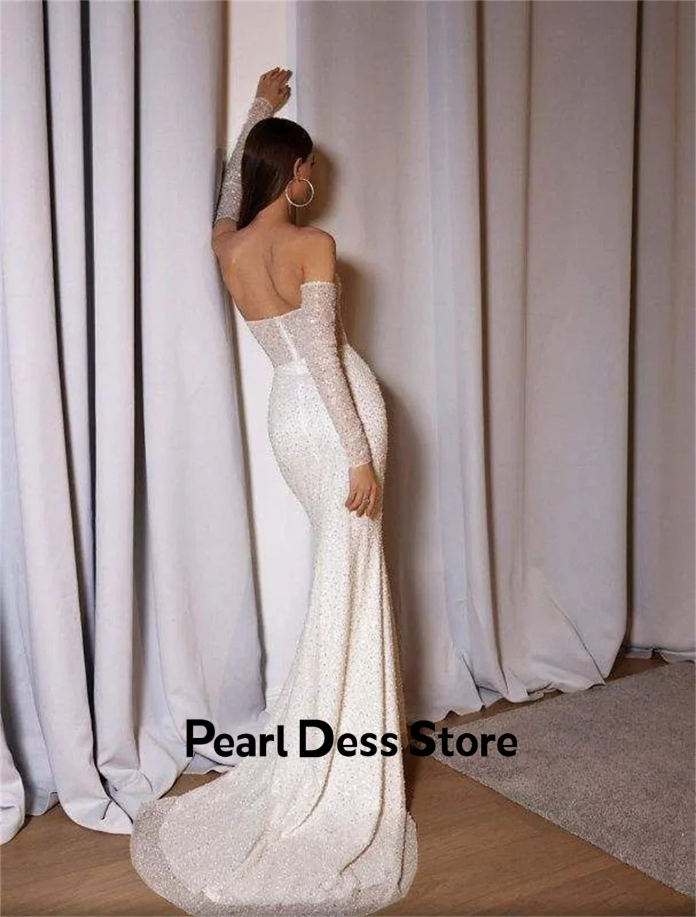 Pearl Fish Tail Evening Gown Shiny Off the Shoulders Elegant Party Dresses 2024 for Wedding Guest Dress Women Ivory White Prom