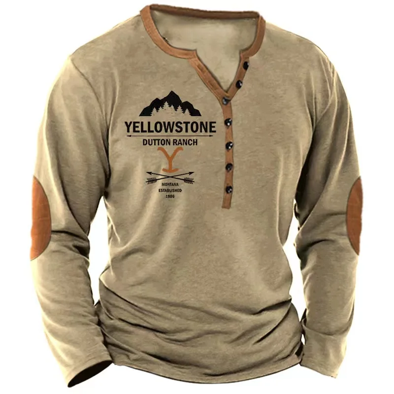 Vintage Men\'s T Shirt Yellowstone National Park Long Sleeve Tee Usa Route 66 Letter Graphic T-Shirts Oversized Men Clothing Tops