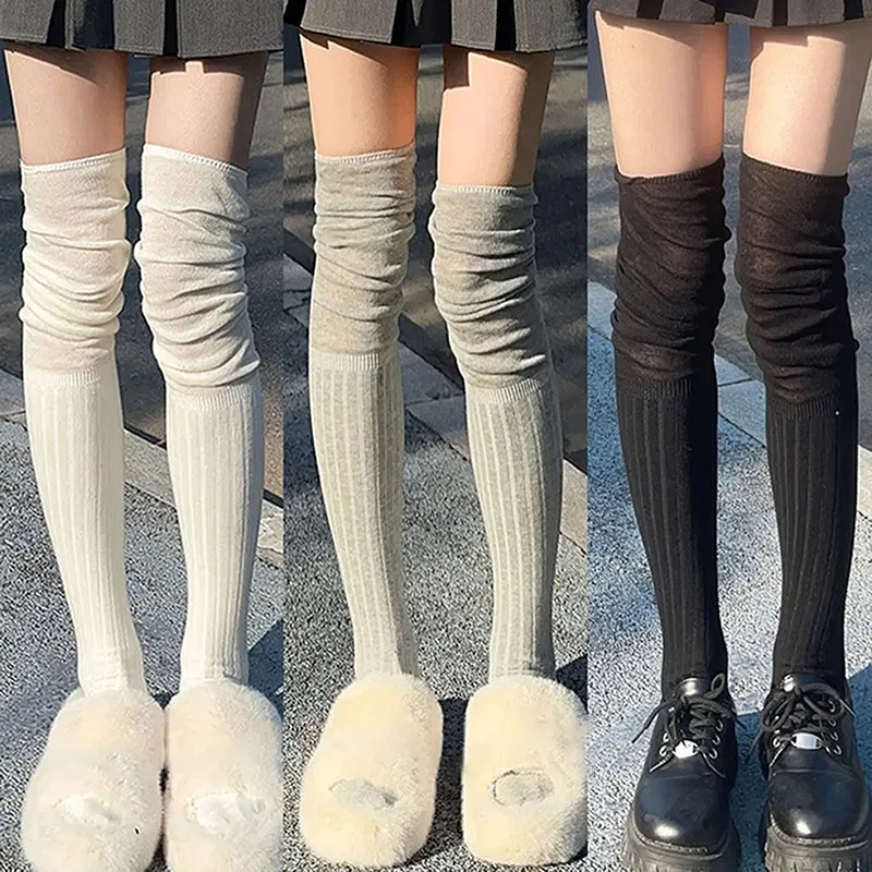 Women's Thigh High Stockings Trendy Casual Over The Knee Long Socks Lolita Thermal Vertical Stripe Socks Female Tube Leggings