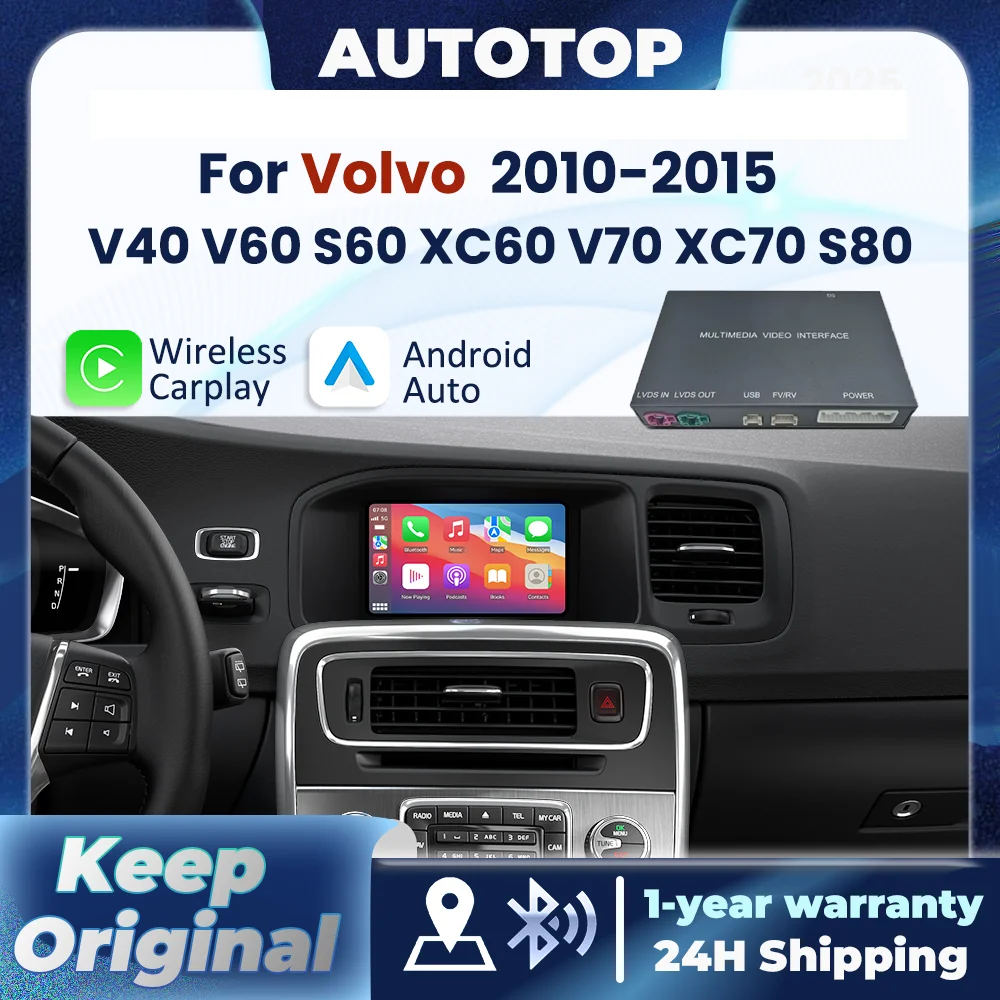 Bezprzewodowy dekoder CarPlay Android Auto do Volvo V40 V60 S60 XC60 V70 XC70 S80 2010 2011 2012 2013 2014 2015 z modułem nawigacji GPS, funkcją Bluetooth Mirror Link i Airplay.