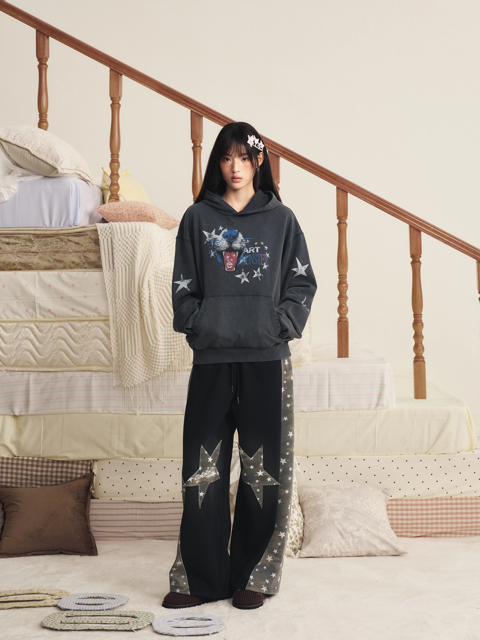 American Style Washed Hoodie Sweatshirt Vintage Star Print Worn-Out Design Unisex Long Sleeve Standard Fit Hooded Jacket