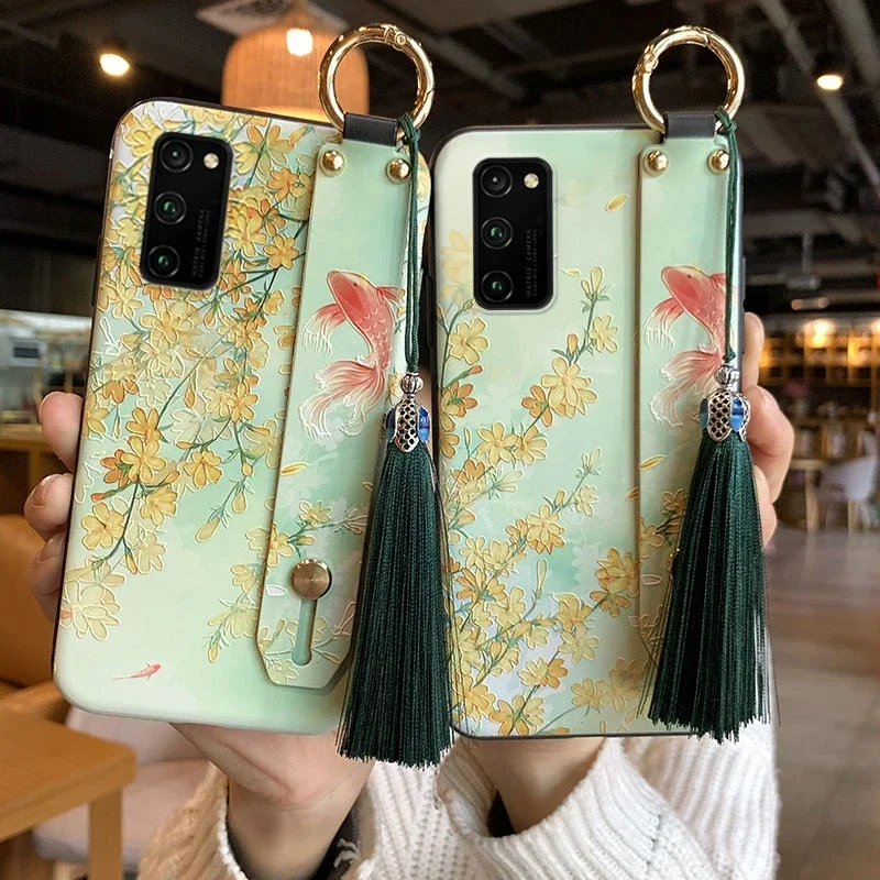 for Samsung Galaxy S25 S24 S23 S22 S21 S20 FE Ultra Plus Note 20 Case Embossed Hand Band Holder Tassel Soft Cover Fundas Shell