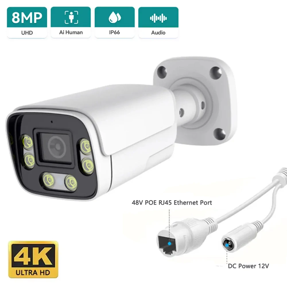 

4K 8MP IP-камера 4MP Водонепроницаемая уличная камера POE ONVIF Двусторонняя аудиосистема цветного ночного видения Домашняя система наблюдения