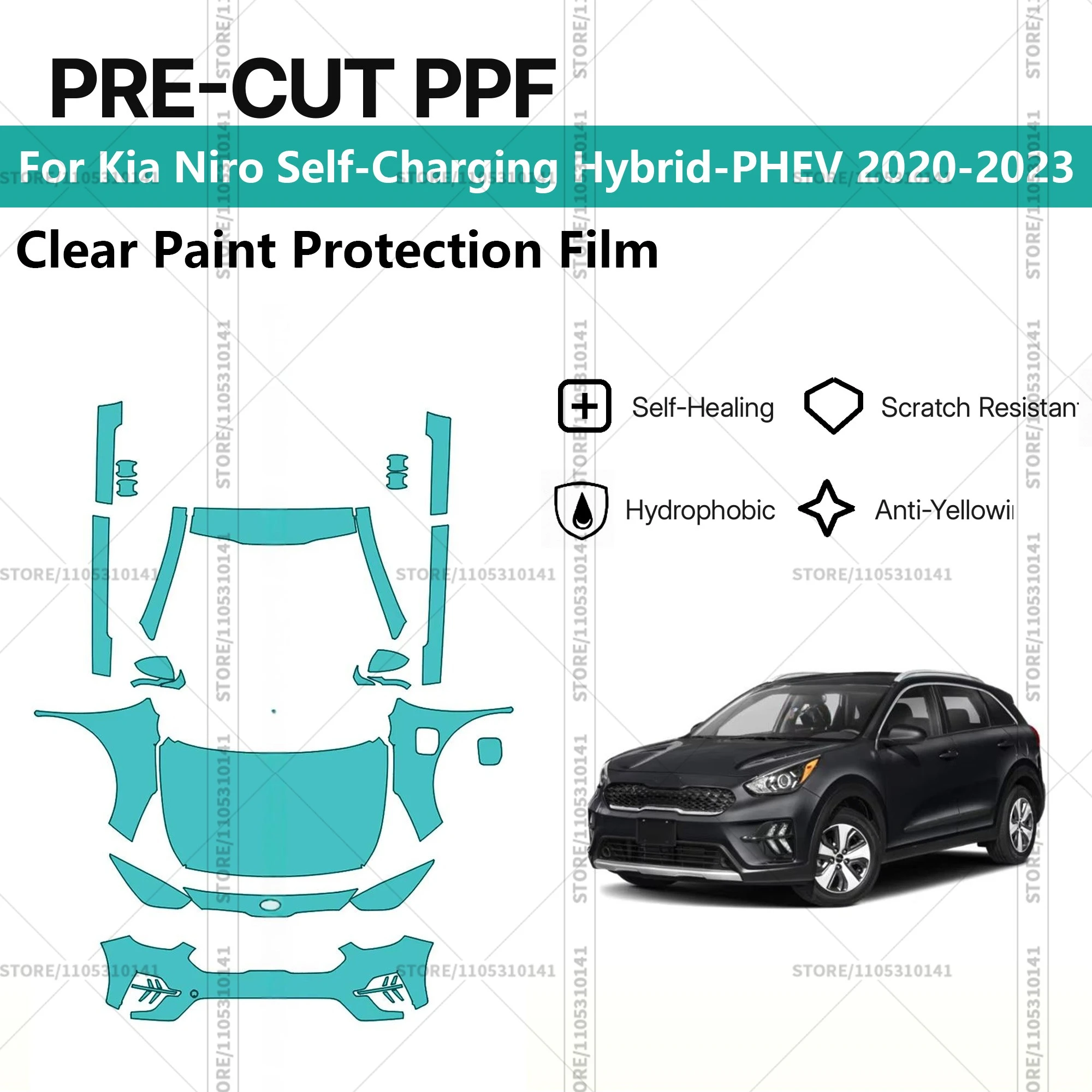 

Для Kia Niro Self-Charging Hybrid-PHEV 2020-2023: Предварительно вырезанная прозрачная защитная пленка PPF для автомобиля