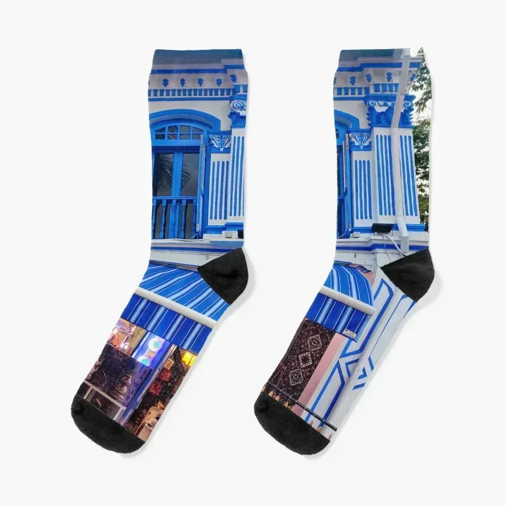 Blue and White Peranakan Shophouses, Singapore Socks sheer colored hip hop Socks For Men Women's